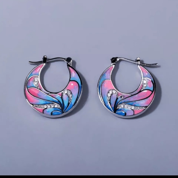 Sterling Silver and blue pink enamel painted boho earrings new - Picture 4 of 5
